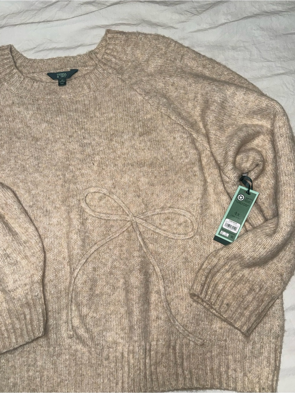 Terra & Sky Women’s Beige Bow Knit Sweater Soft Cottagecore 4X